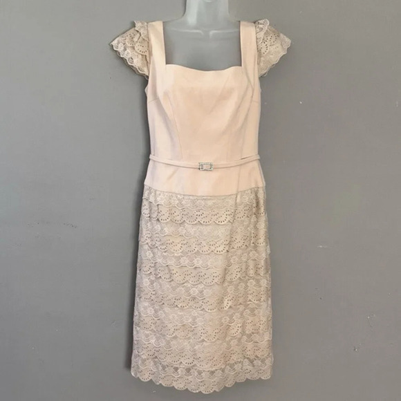 Teri Jon Rickie Freeman Pink Ruffle Lace Belted Sheath Dress Sz 6 Formal Spec Oc - Picture 1 of 16